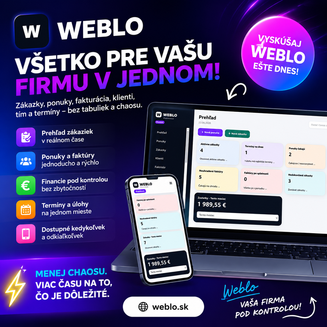 WEBLO – zákazky, ponuky, fakturácia, klienti a termíny v jednom systéme