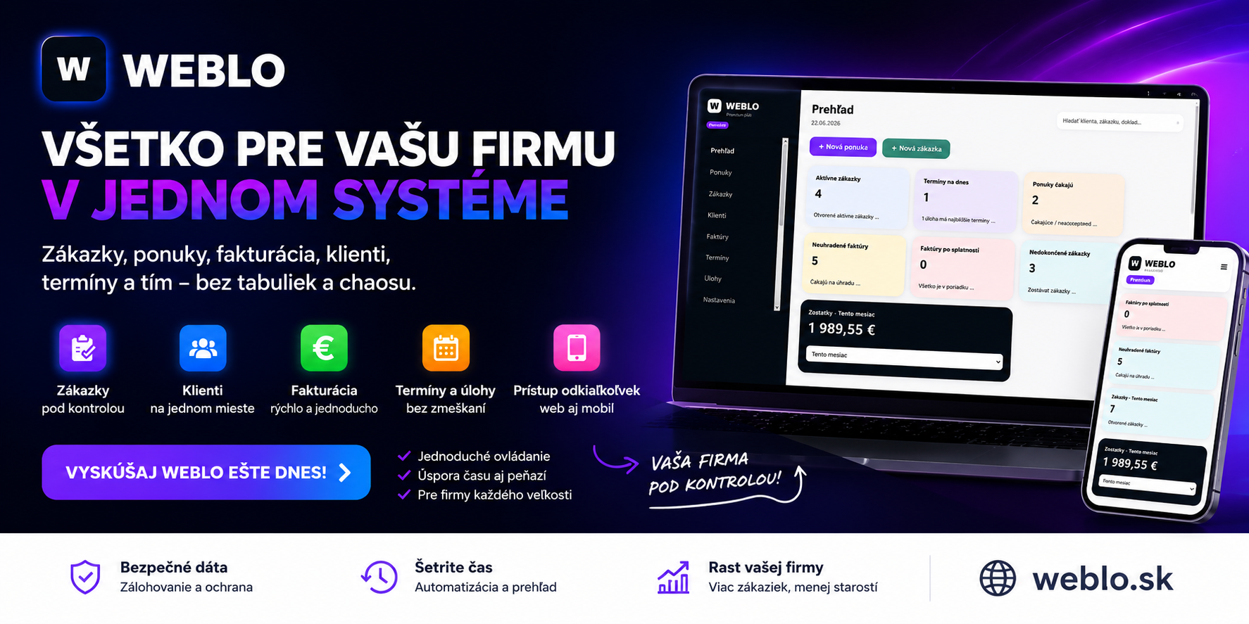 WEBLO – zákazky, ponuky, fakturácia, klienti a termíny v jednom systéme